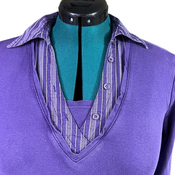 Lane Bryant Faux Layered 3/4 Sleeve Collar Blouse V Neck Plus Size 14/16 Purple - Picture 3 of 15